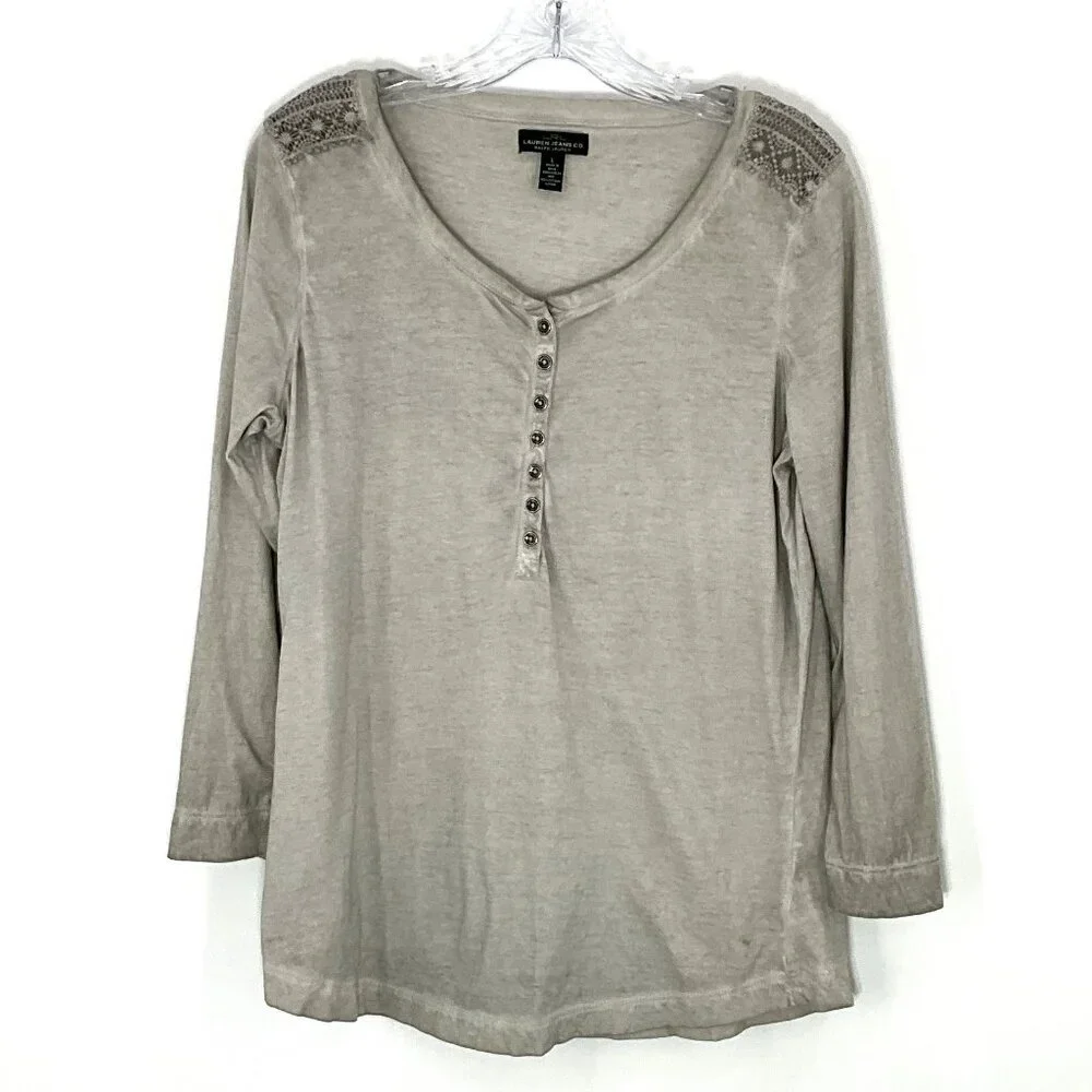 LRL Ralph Lauren Top Women L 100% Cotton Gray Washed Henley Embroidered Pullover